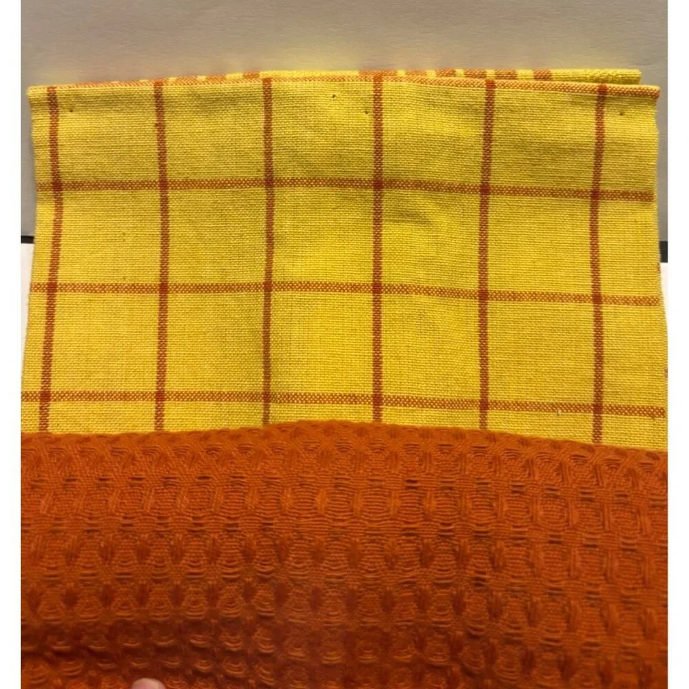 Set Of 3 Fall Kitchen Towels With Pumpkin Embroidery & Plaid Design Orange & Yel